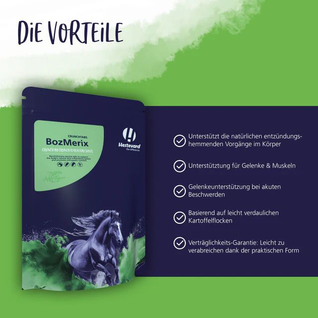 Verpackung BozMerix CrunchTabs. Logo: Hestevard. Text: Vorteile. Aufzählungspunkte: Unterstützung für Gelenke & Muskeln.