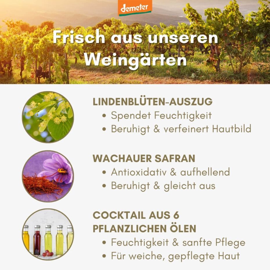 Text mit Inhaltsstoffen: Lindenblüten-Auszug, Wachauer Safran, Cocktail aus 6 pflanzlichen Ölen. Demeter-Logo. Hintergrund: Weinberge.