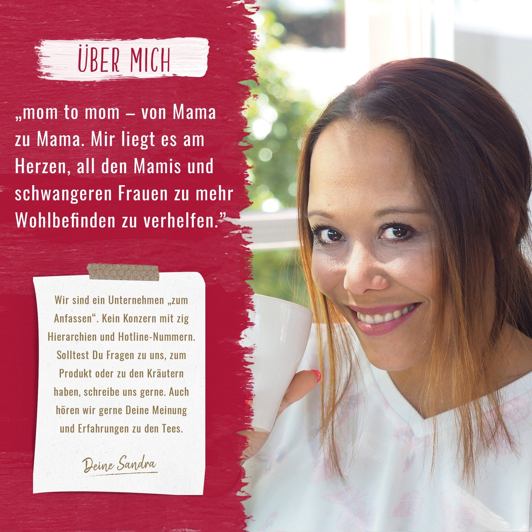 Frau mit Text über mom to mom. Text über das Unternehmen und Kräuter. Aufschrift: Deine Sandra.