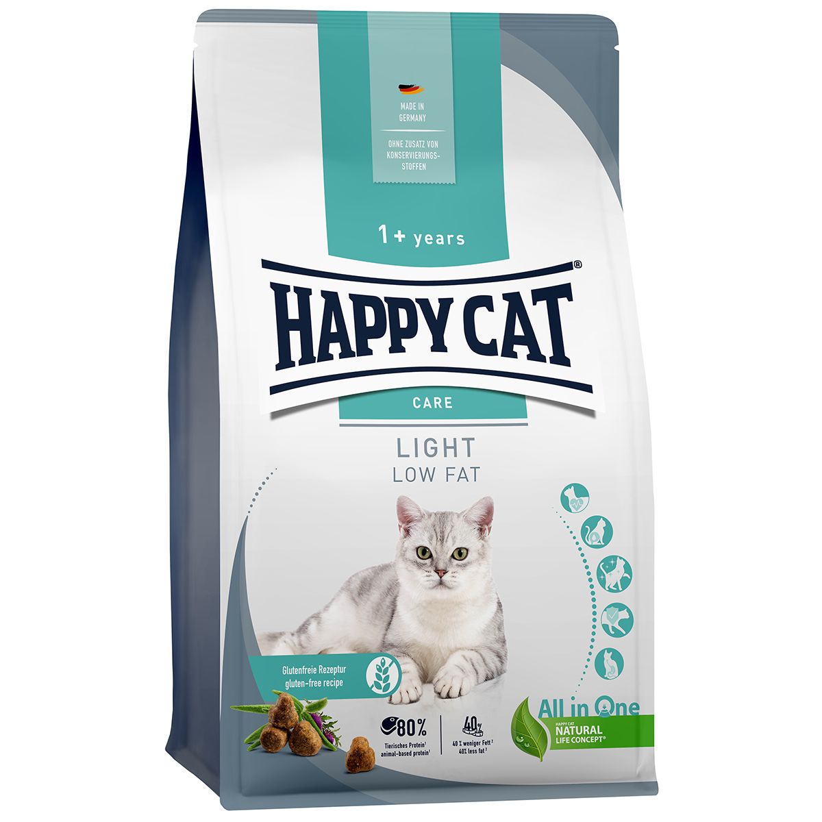 Happy Cat Sensitive Adult Light Katzenfutter-Packung mit Katze und Produktinformationen.