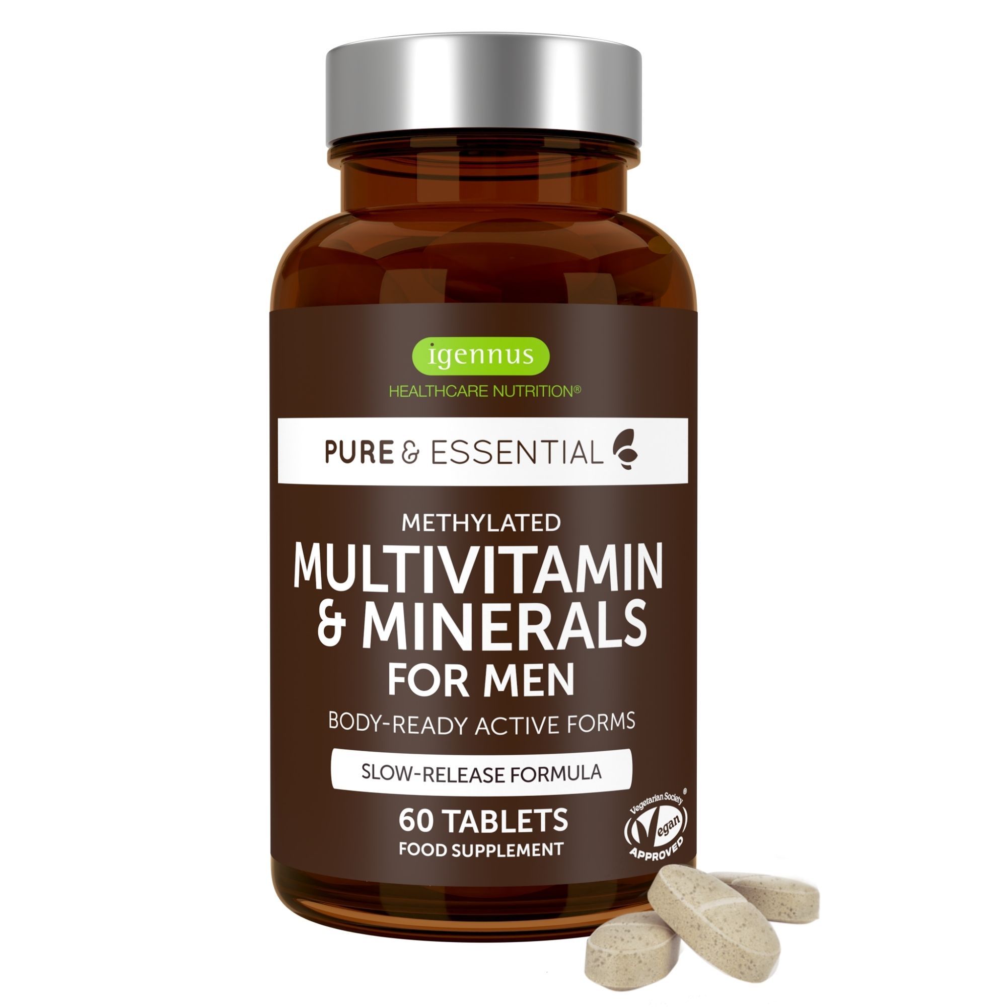 Braune Glasflasche mit Igennus Methyliertes Multivitamin für Männer, 60 Tabletten.