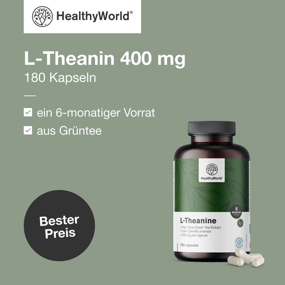 Flasche L-Theanin mit Kapseln. Aufschrift: HealthyWorld, L-Theanin, 400 mg, 180 Kapseln. Text: ein 6-monatiger Vorrat, aus Grüntee.