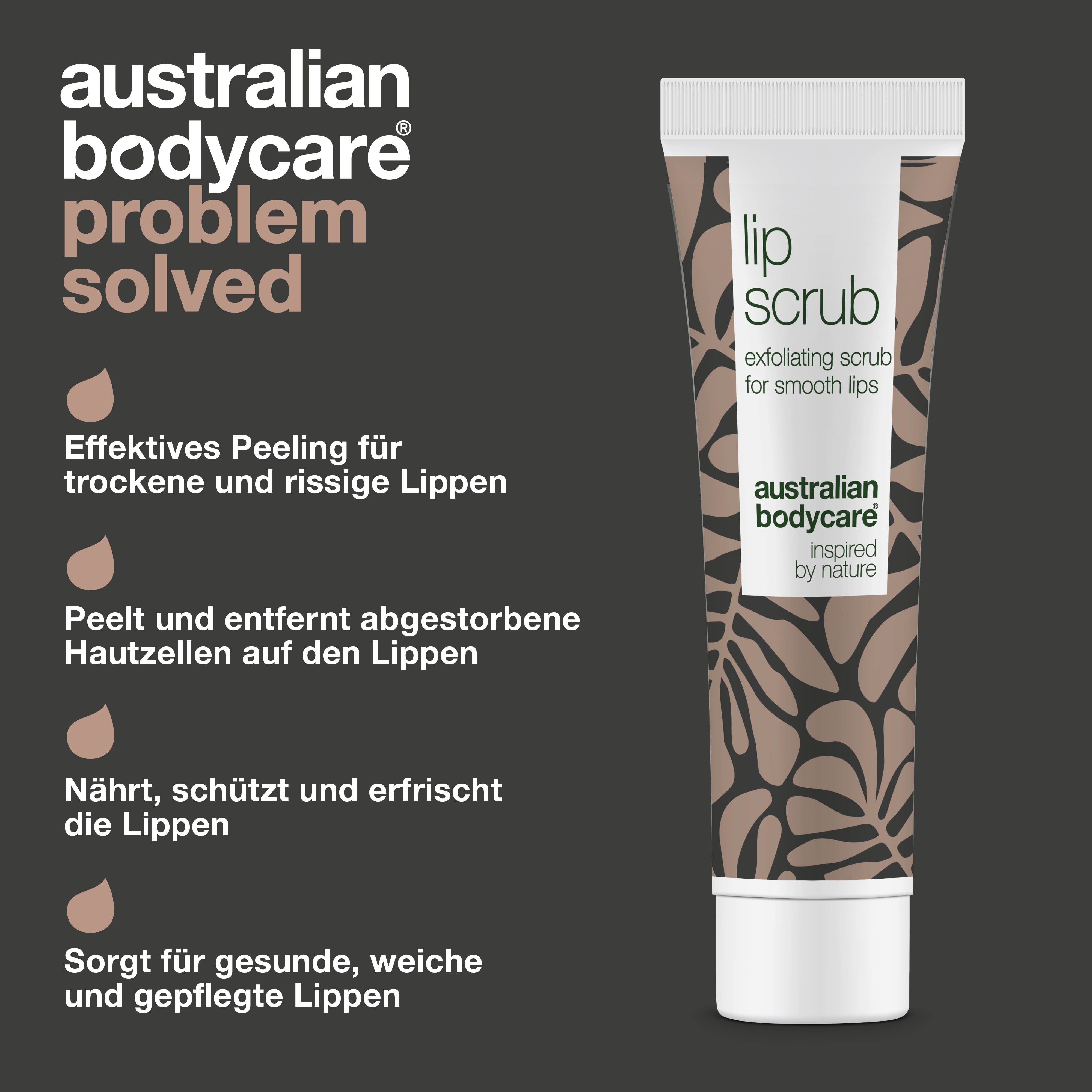 Tube Lip Scrub, Australian Bodycare. Text: Warum Australian Bodycare? 100% recycelbare Verpackung.