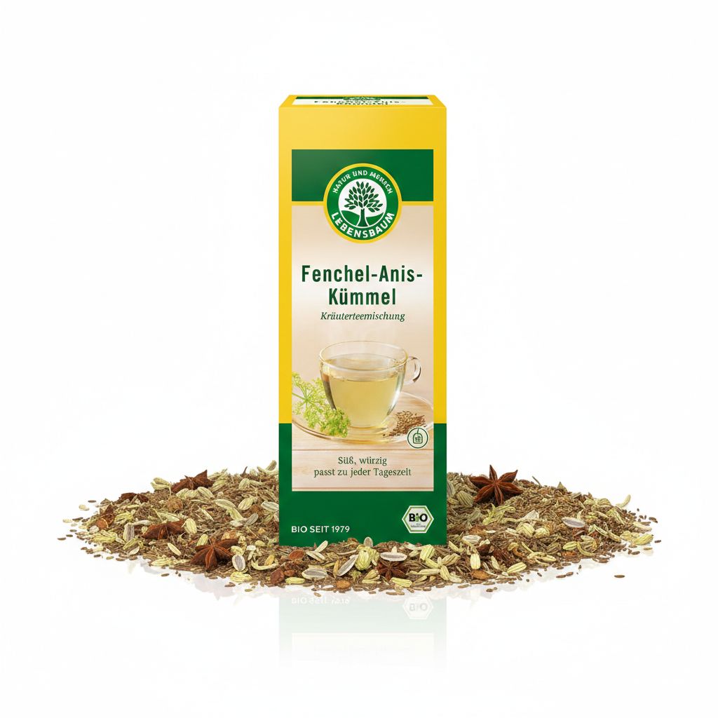 Lebensbaum Fenchel-Anis-Kümmel Tee: Packung umgeben von loser Kräuterteezubereitung.