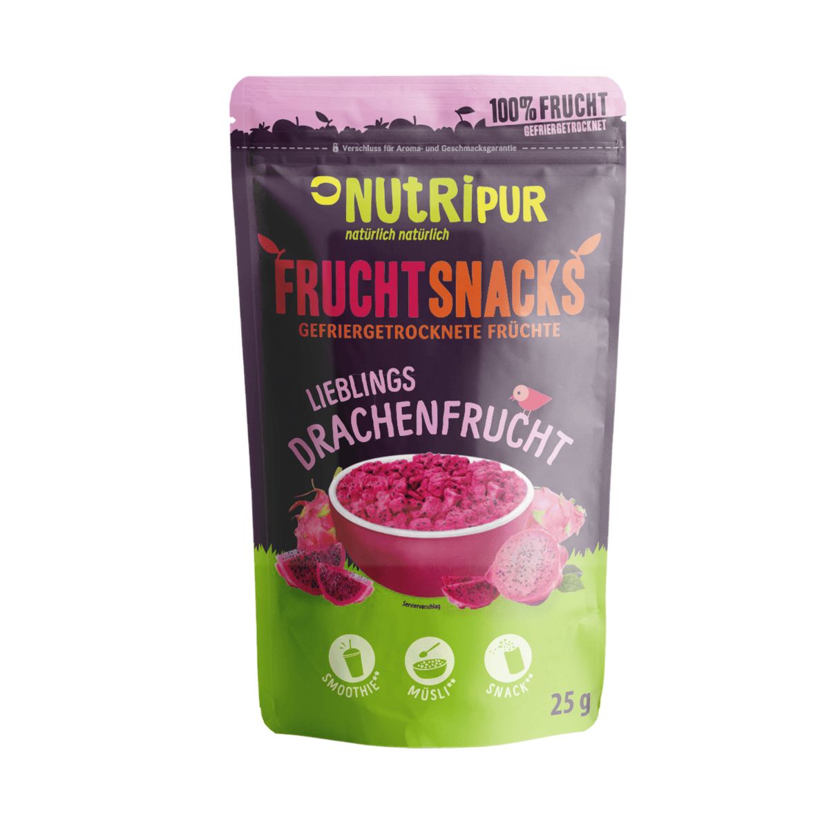 NutriPur Frucht Snacks Beutel, gefriergetrocknete Drachenfrucht. Grün-lila Verpackung, Produktabbildung, 25g.
