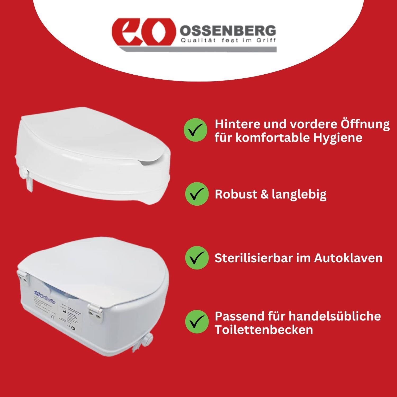 Produktabbildung mit Text. Marke Ossenberg. Merkmale: hygienisch, robust, passend.