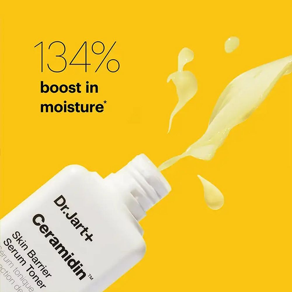 Produktflasche mit gelbem Deckel. Aufschrift: Dr.Jart+ Ceramidin Skin Barrier Serum Toner.