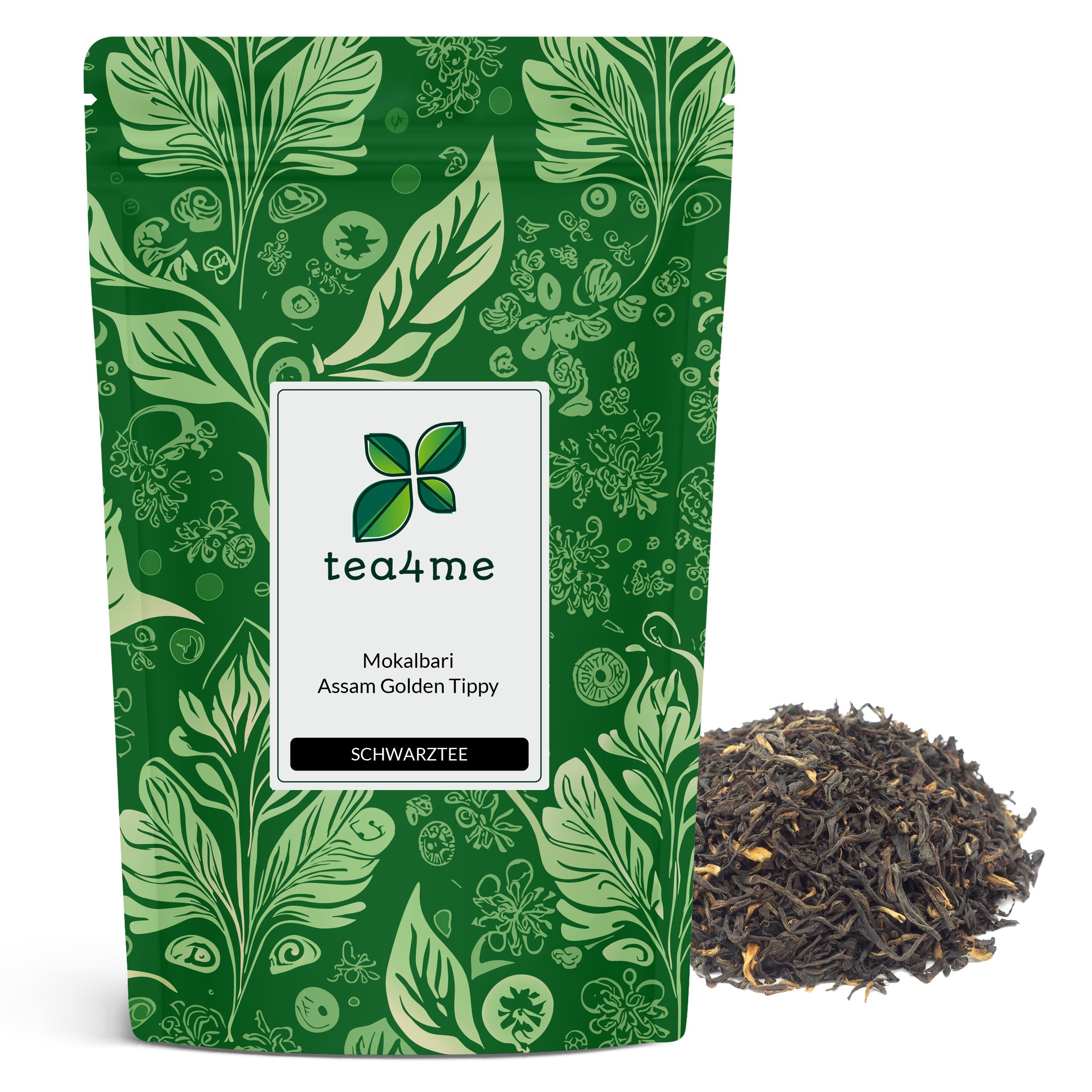 Grüner Beutel mit floralem Muster und Produktetikett. Etikett mit Logo, Produktname und Schwarztee-Bezeichnung. Daneben loser Tee.