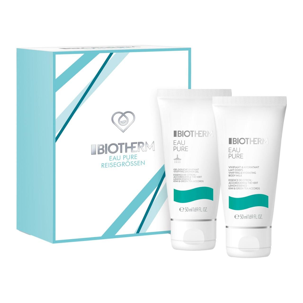 Geschenkset mit zwei Tuben und einer hellblauen Schachtel. Auf der Schachtel steht Biotherm Eau Pure Reisegrößen.