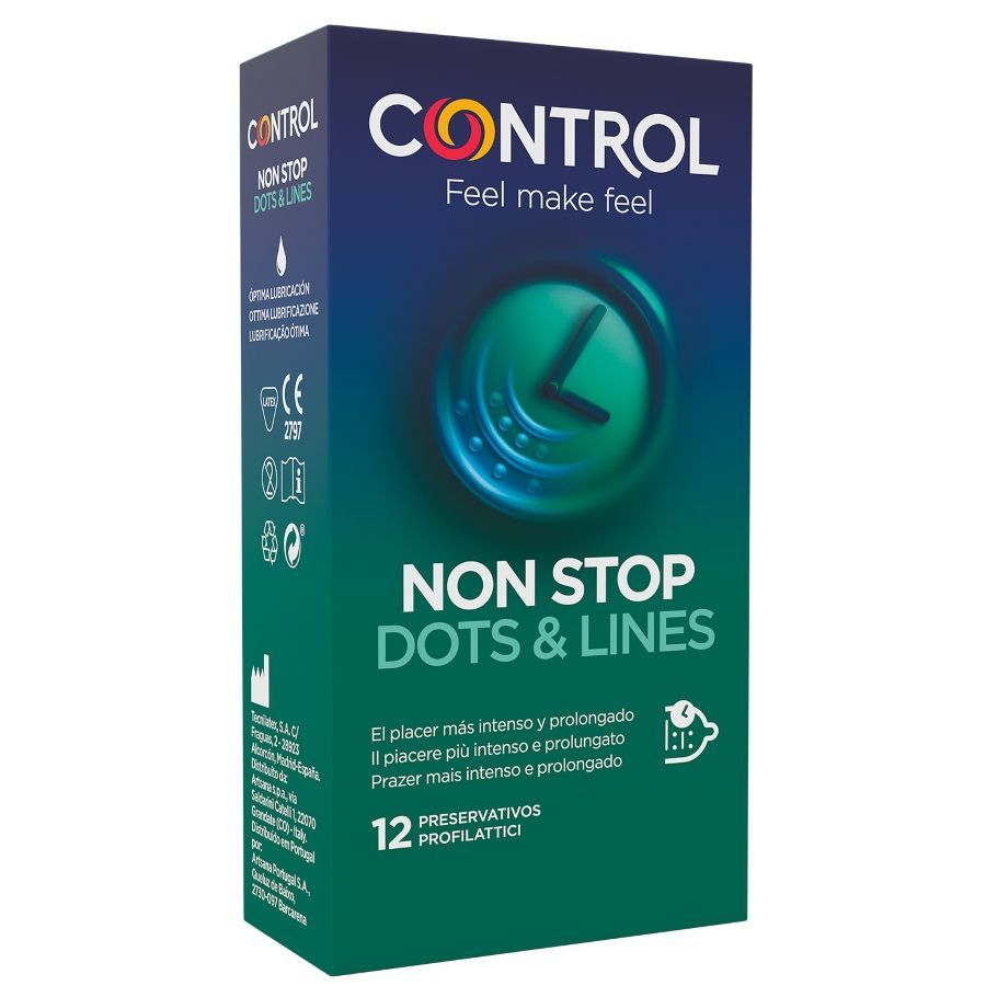 Verpackung von Control Non Stop Dots & Lines. Enthält 12 Kondome. Das Design zeigt das Markenlogo und Produktnamen.