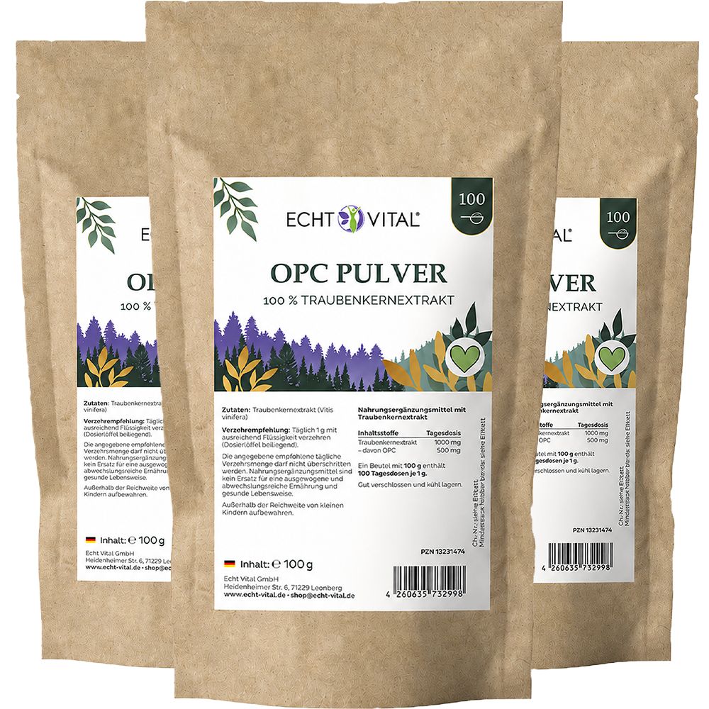 Drei Packungen Echt Vital OPC Pulver, 100g Beutel mit Traubenkernextrakt. Grüne und lila Wald-Illustration.