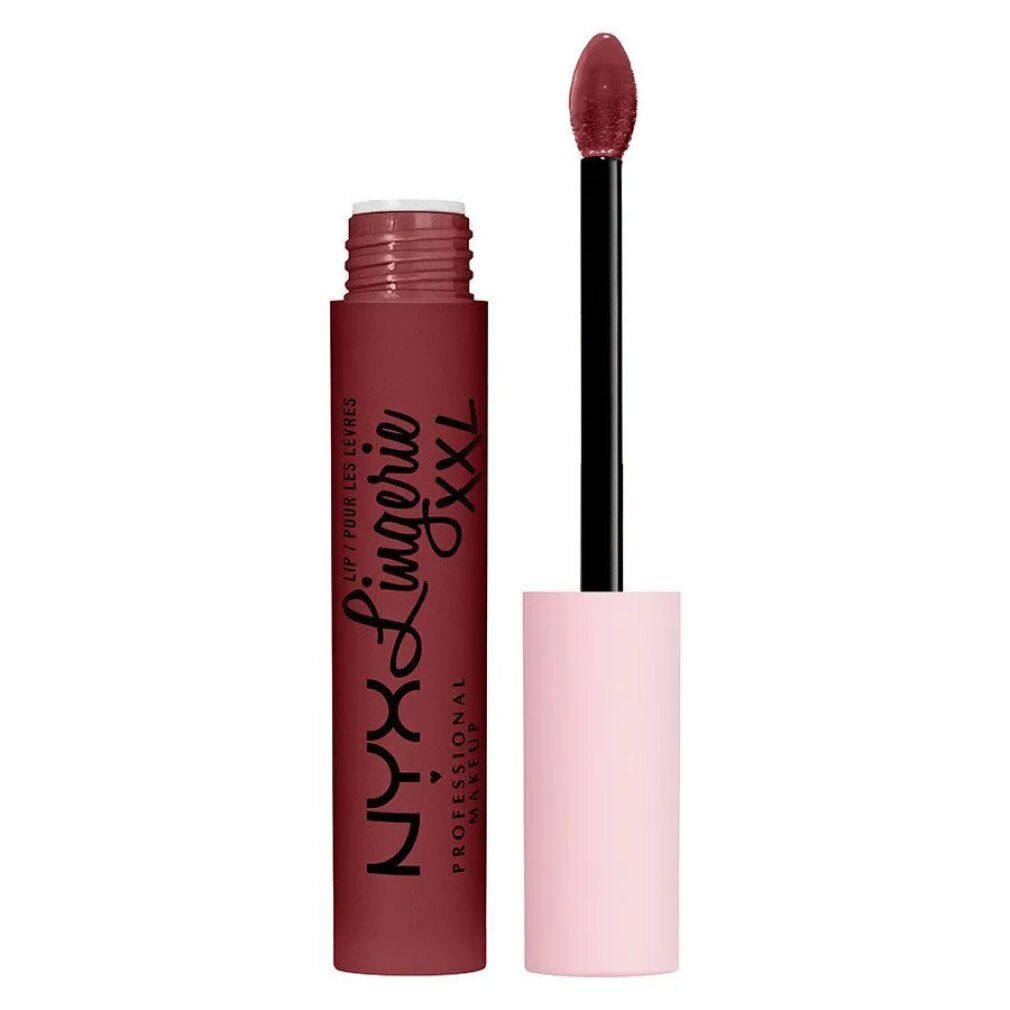 NYX Lip Lingerie XXL flüssiger Lippenstift, aufgeschraubt, mit Applikator in mattem Rotbraun.