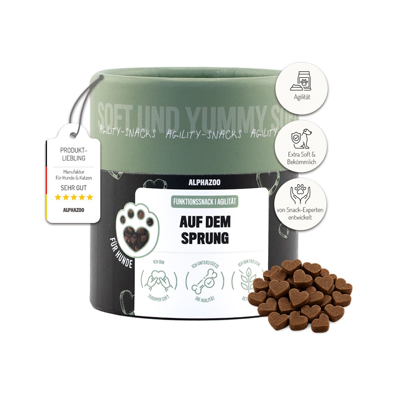 Zylindrischer Behälter mit Hundesnacks. Aufschrift: alphazoo, Funktion-Snack I Magen. Etikett mit Bewertung. Herzförmige Snacks daneben.