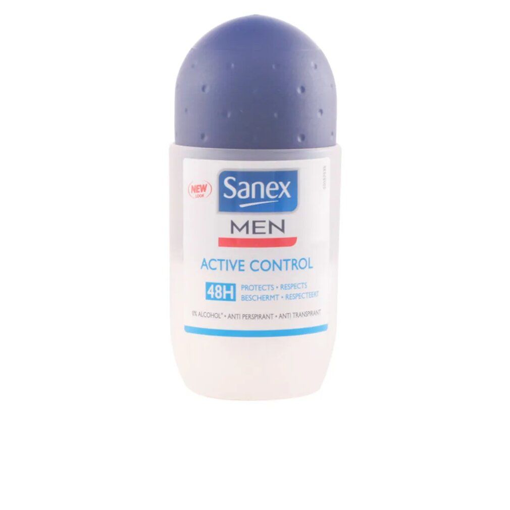 Sanex Men Active Control Roll-On. Weißes Gehäuse, blauer Deckel. Text: MEN, ACTIVE CONTROL, 48H. Anti-Transpirant.