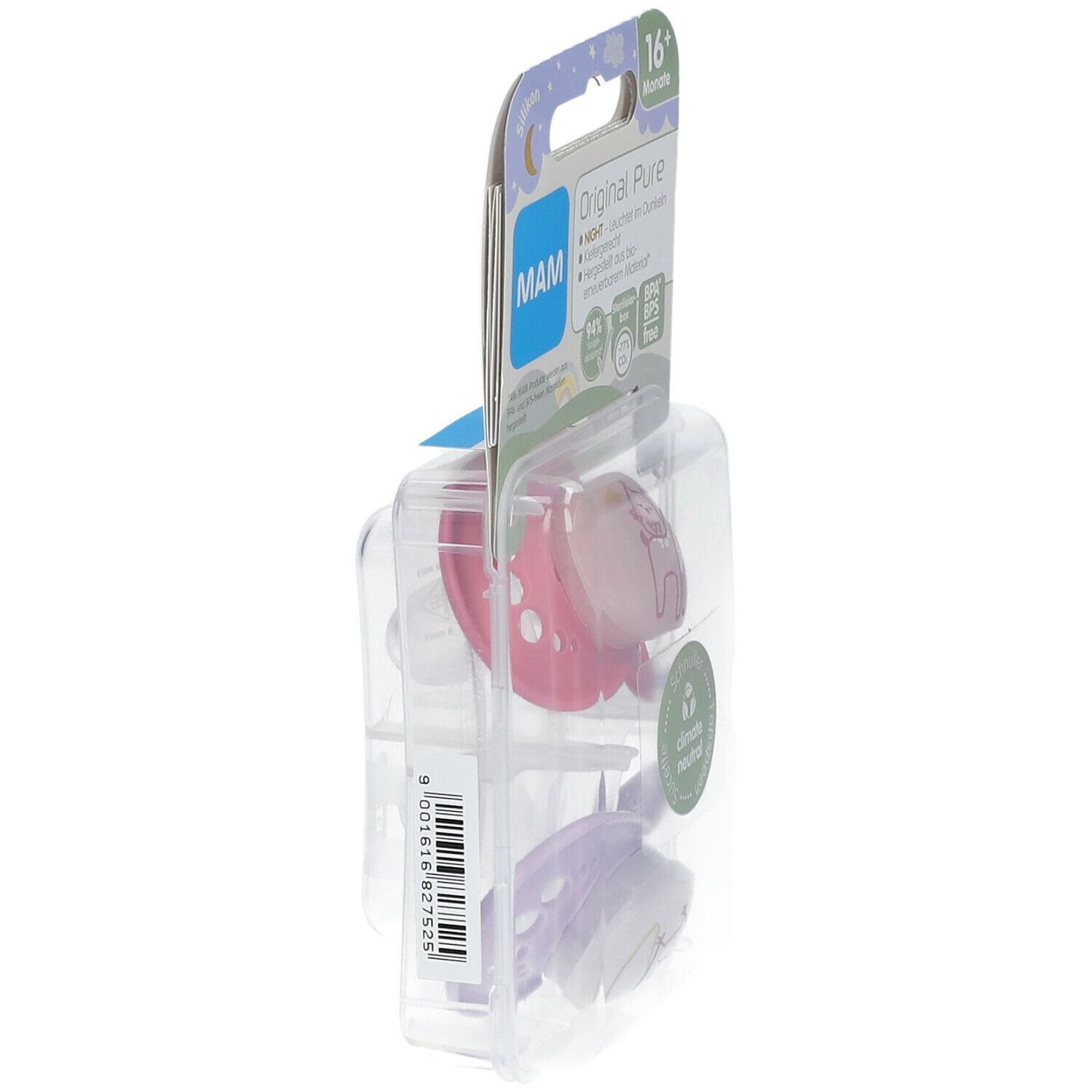 Emballage de deux sucettes MAM Original Pure Night en silicone, 16+ mois. Sucettes roses et violettes dans un emballage plastique.