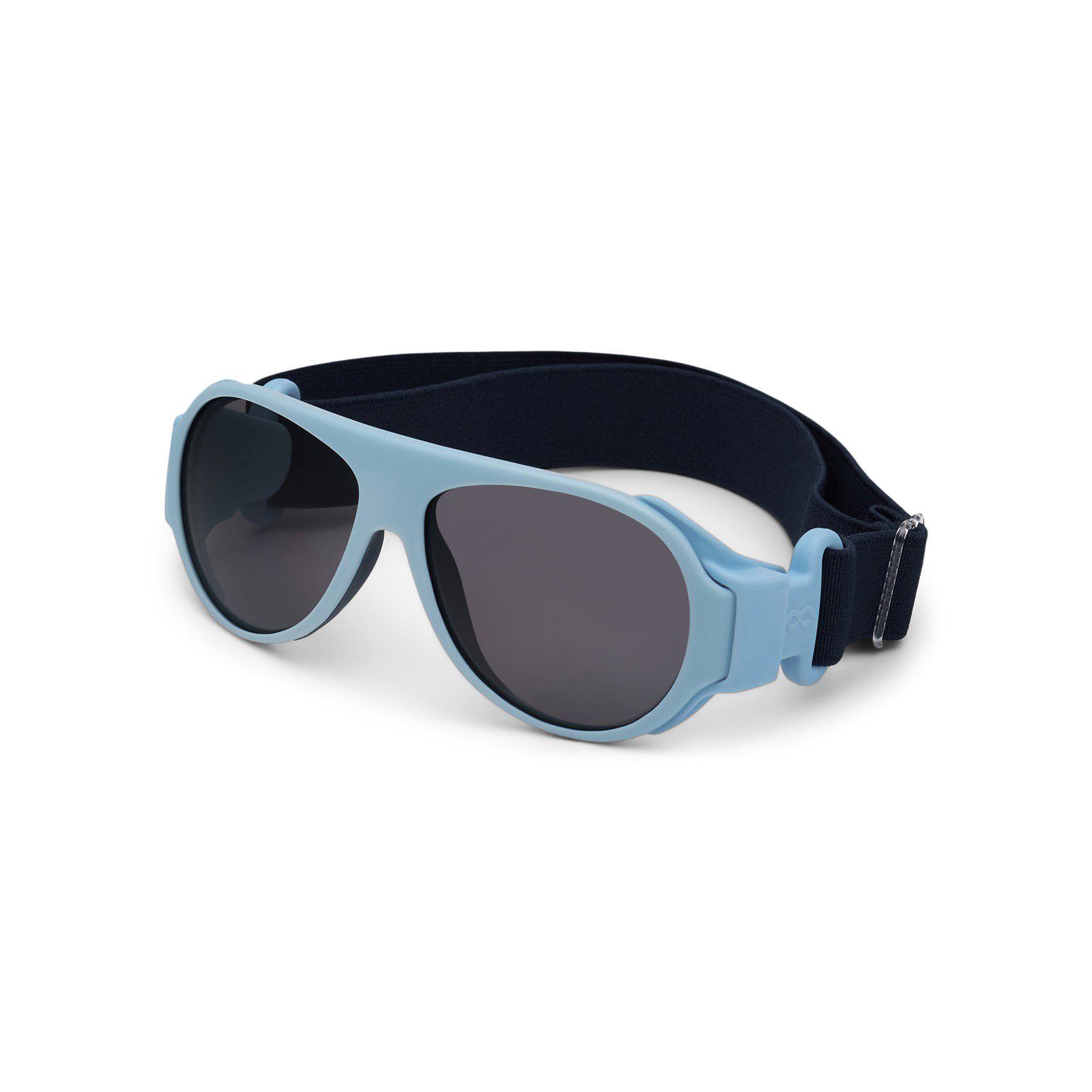 Hellblaue Sonnenbrille mit dunkelblauem Band. Dunkle Gläser. Aviator-Stil.