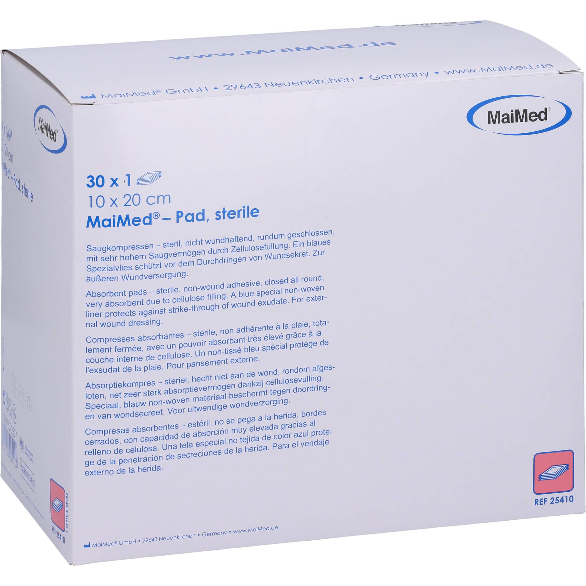 Verpackung MaiMed Pad Saugkompressen steril. 10 x 20 cm. Produktinformationen auf der Verpackung.