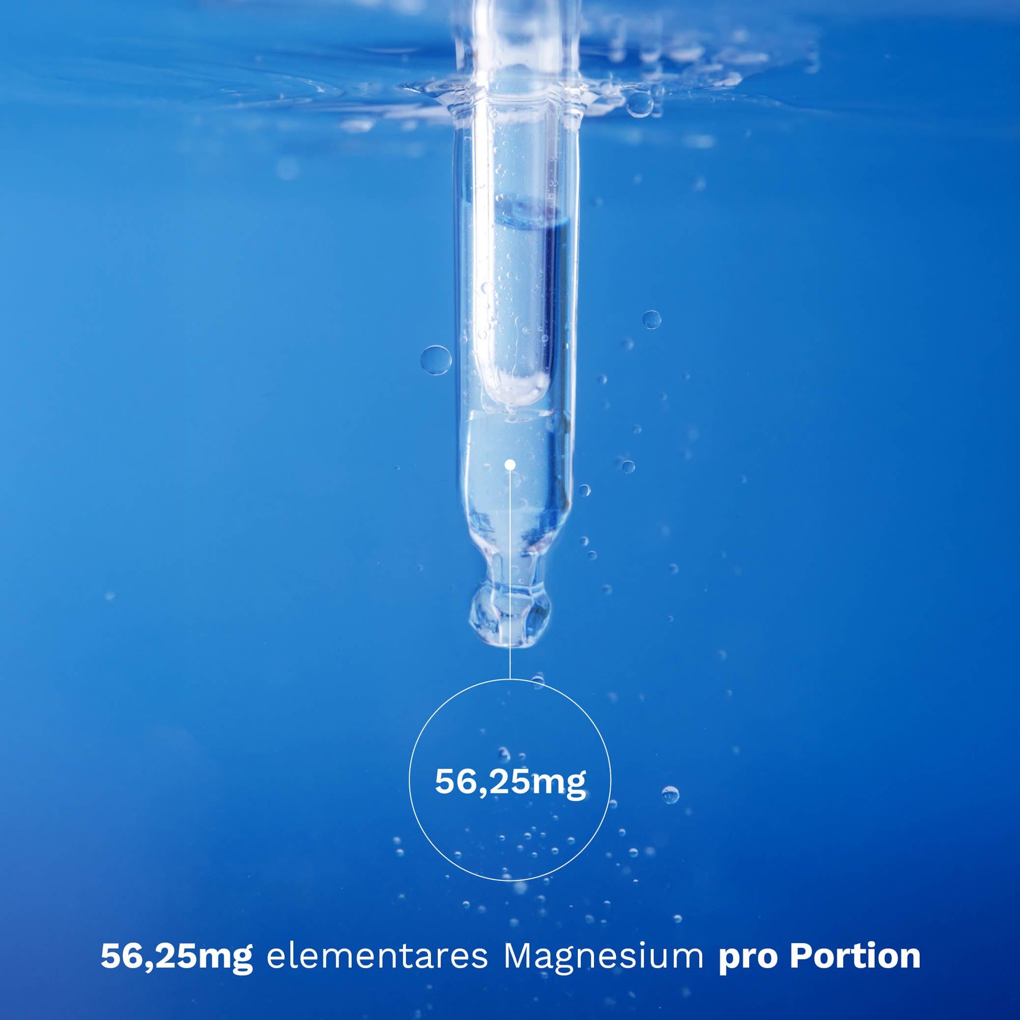 Pipette gibt Tropfen in Wasser ab. Text: 56,25mg elementares Magnesium pro Portion.