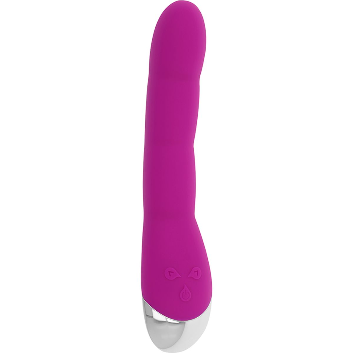 Magenta Vibrator mit silberfarbenem Kopf. Wellenstruktur, ergonomische Form. Knöpfe mit Symbolen.