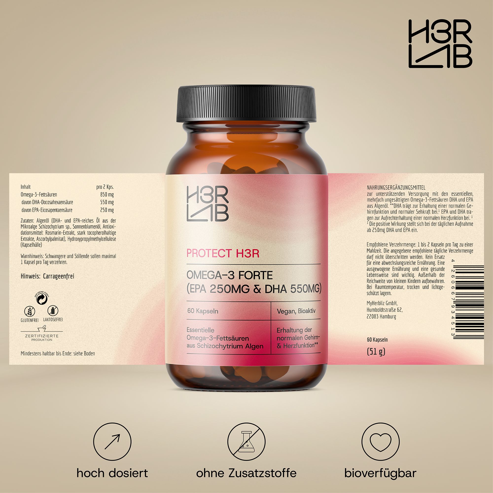 H3R LAB Vegan Omega-3 Forte – Algenöl mit DHA & EPA