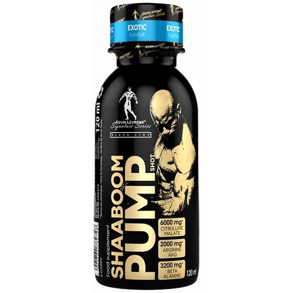 Schwarze Flasche mit blauem Deckel. Aufschrift: Shaaboom Pump Shot, Kevin Levrone. Enthält Citrullin Malat, Arginin AKG, Beta Alanin.