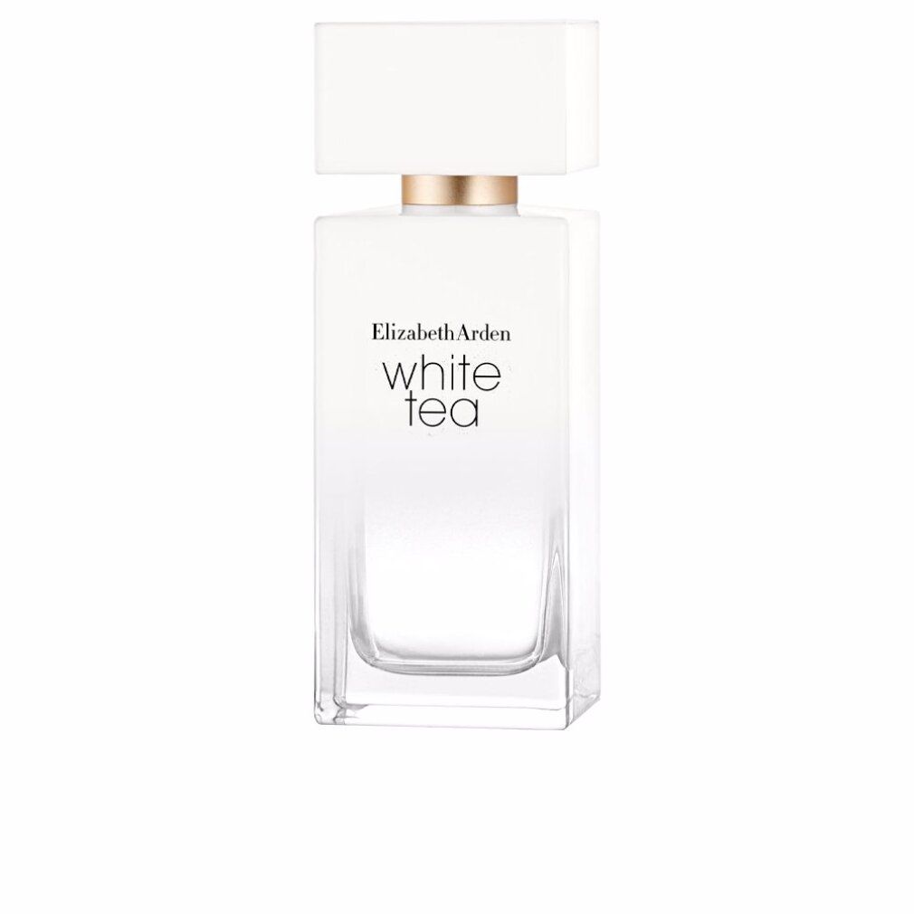 Weißes Parfümflakon mit Elizabeth Arden White Tea-Logo. Rechteckig mit weißem Deckel.
