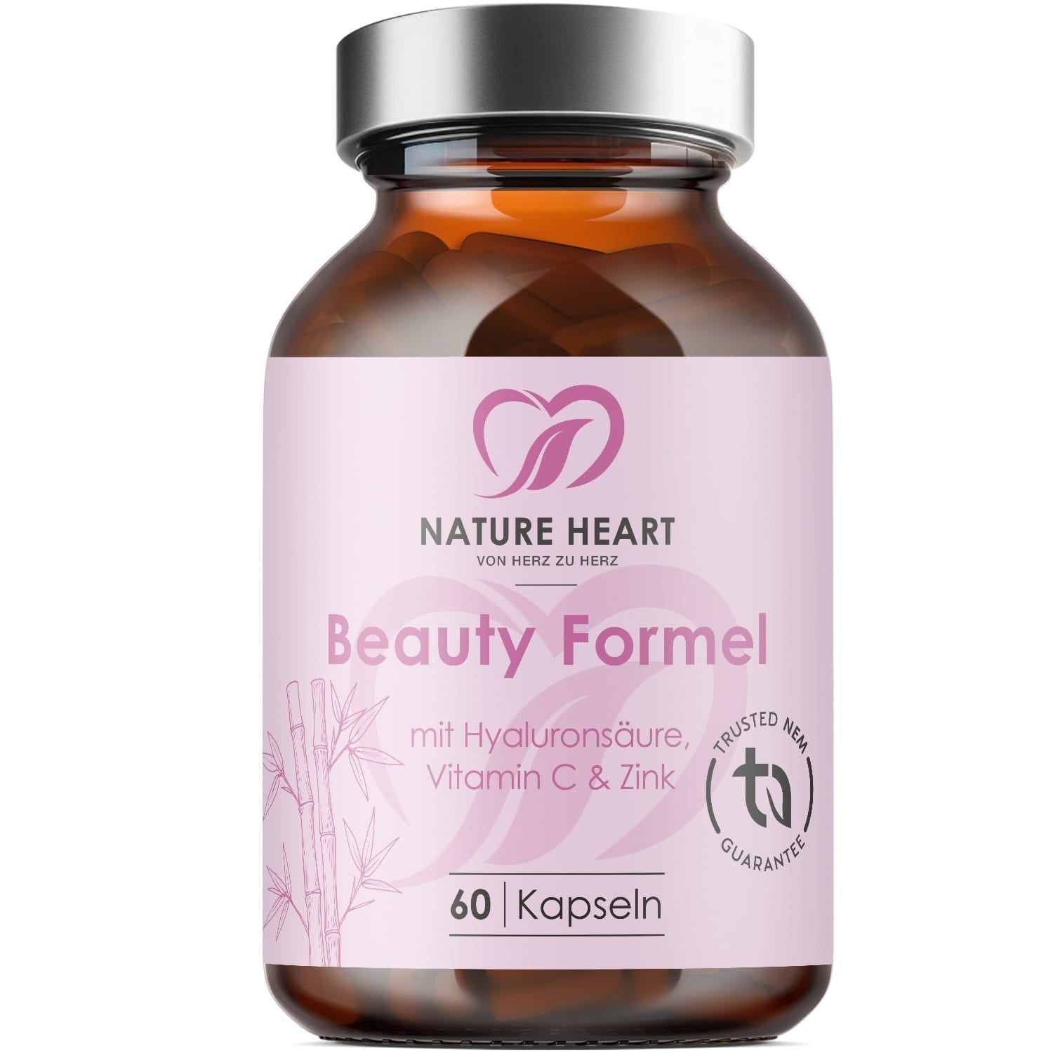 Braune Glasflasche mit Kapseln. Aufschrift: Beauty Formel, Nature Heart, 60 Kapseln. Logo mit Herz und Blättern. Trusted NEM Guarantee.