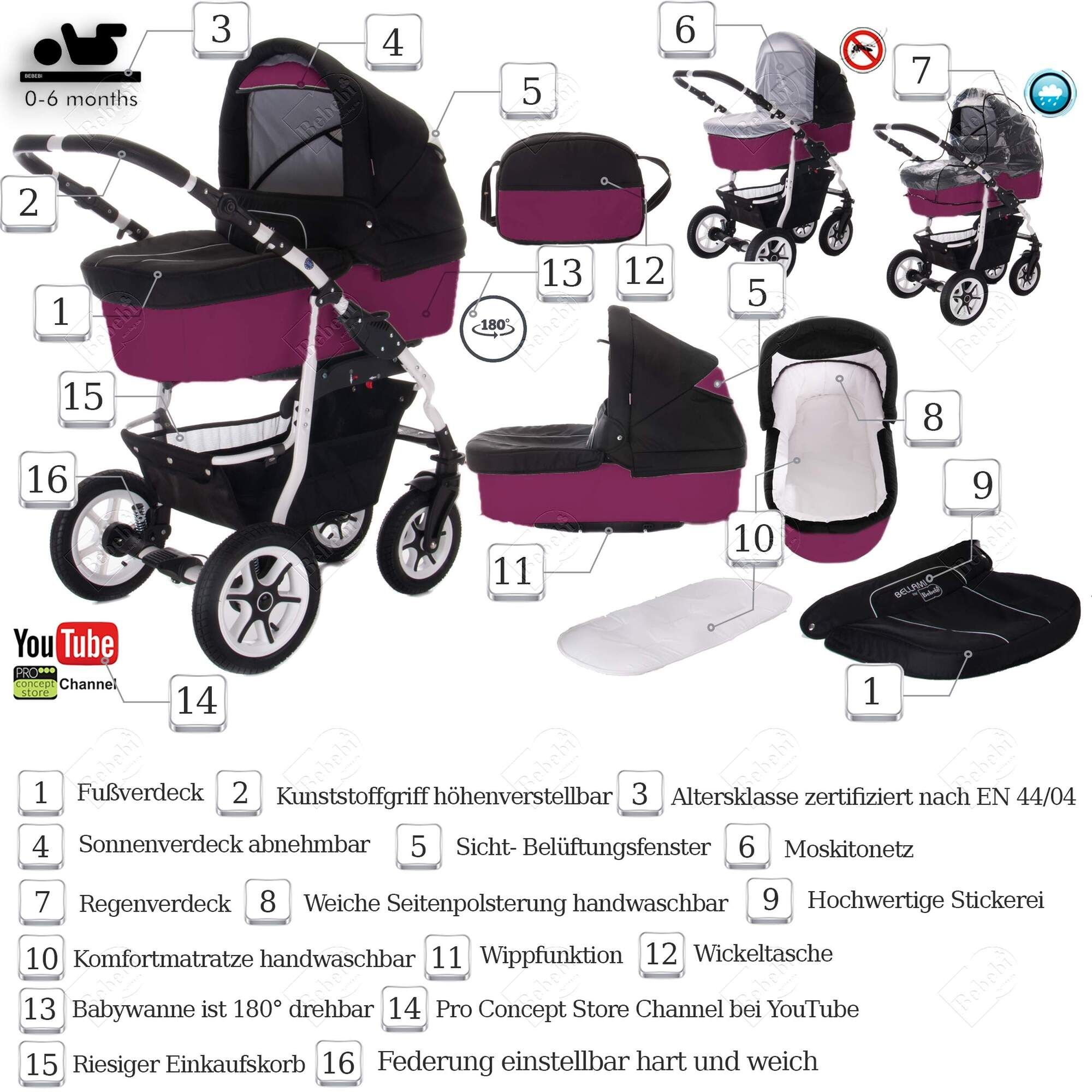Kombikinderwagen mit Luftreifen, schwarz-lila. Einzelteile und Zubehör: Babywanne, Moskitonetz, Regenschutz, etc. Beschriftungen.