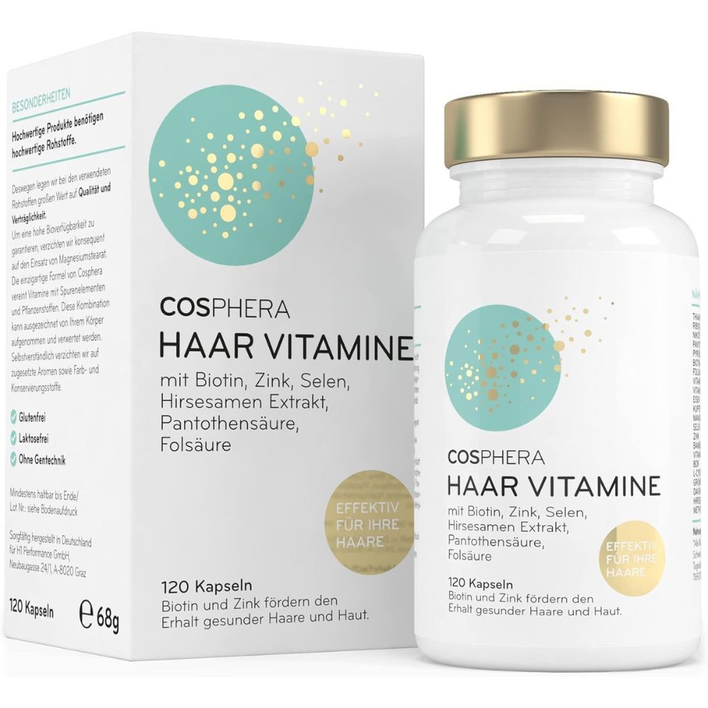 Weiße Flasche und Schachtel mit Cosphera Haar Vitamine. Enthält 120 Kapseln. Aufschrift: Biotin, Zink, Selen, Pantothensäure, Folsäure.