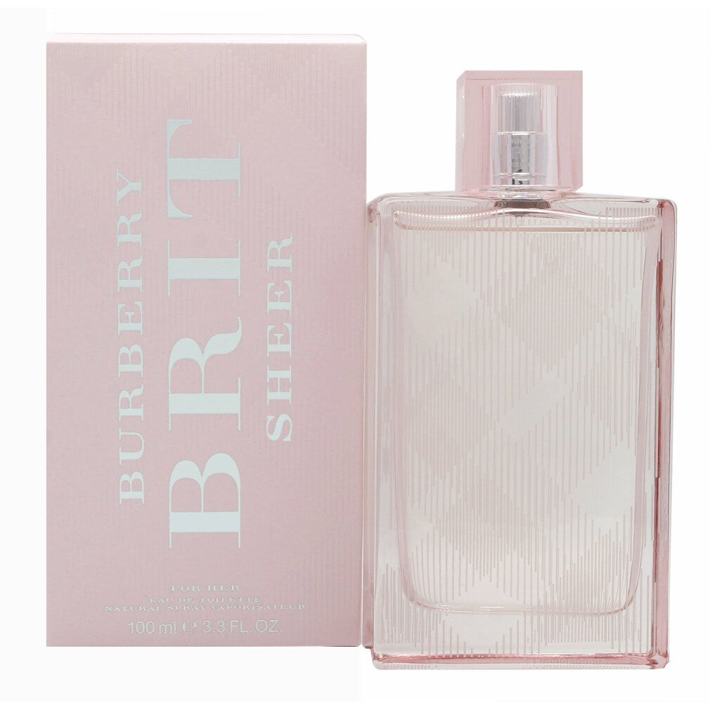 Rosa Flakon und Verpackung. Aufschrift: Burberry Brit Sheer. Rechteckige Flasche mit Sprühkopf. Verpackung mit Karomuster.