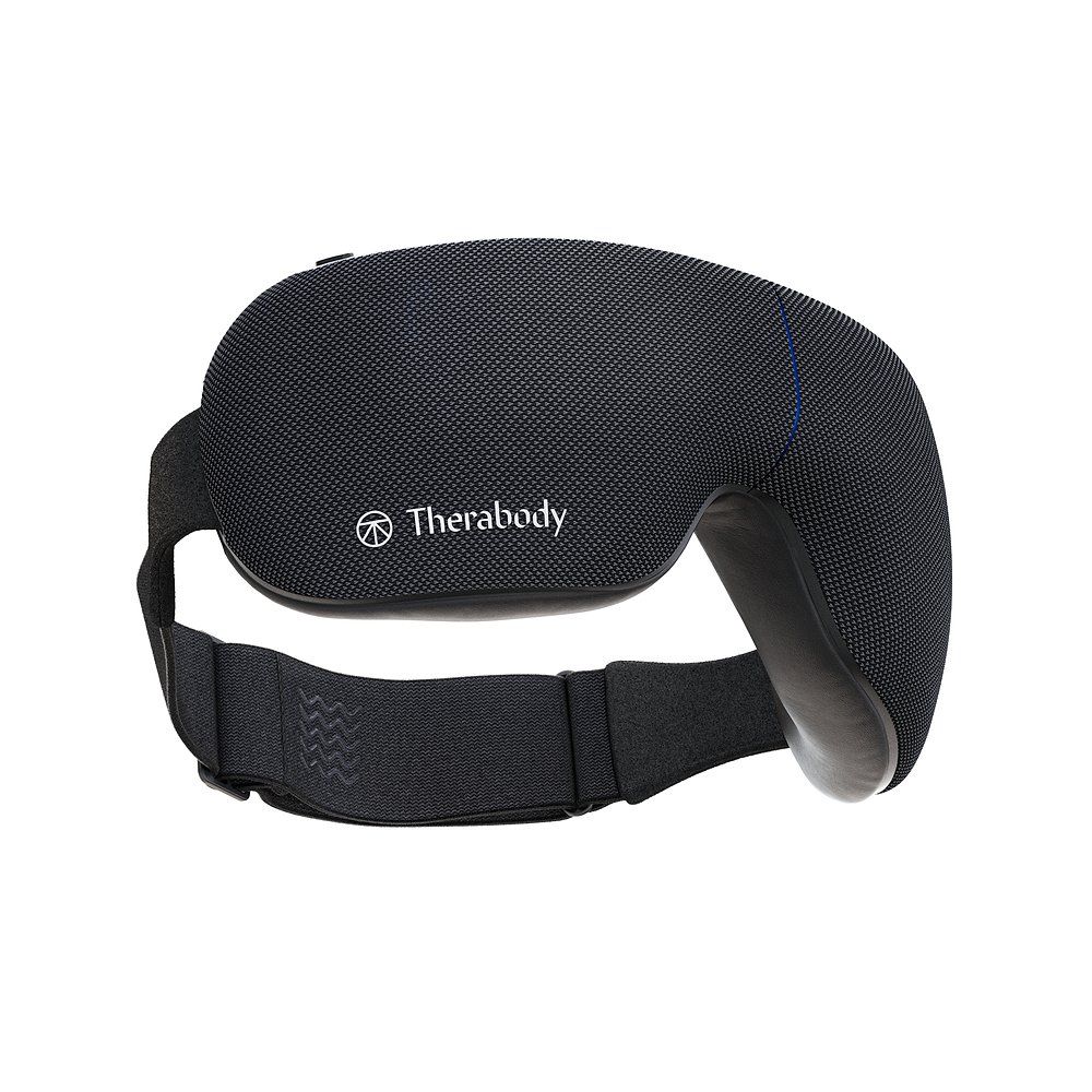 Schwarze Entspannungsbrille mit Therabody-Logo. Verstellbarer Riemen. Mesh-Material. Blaue Naht.
