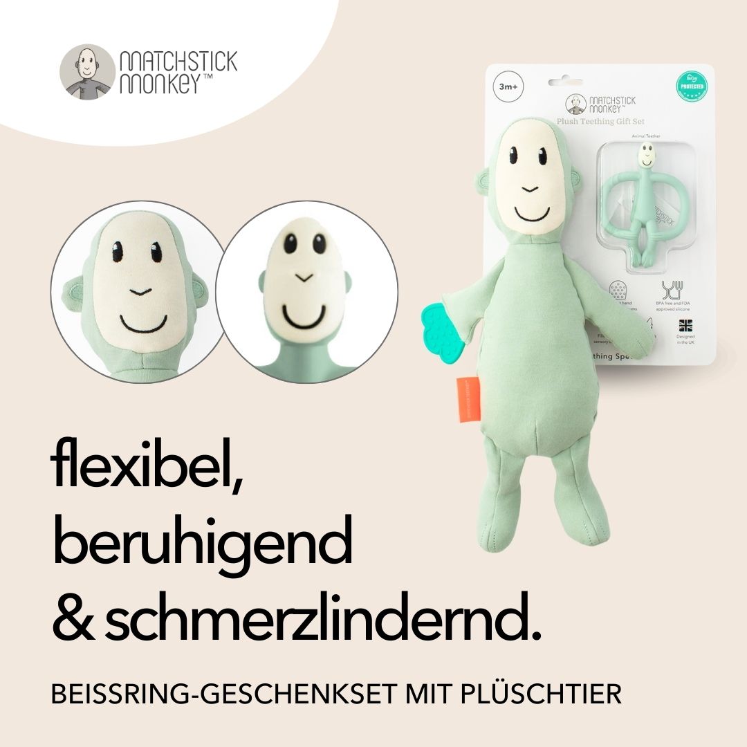 Matchstick Monkey Geschenkset – Beißring & Plüschtier mit Beißapplikation