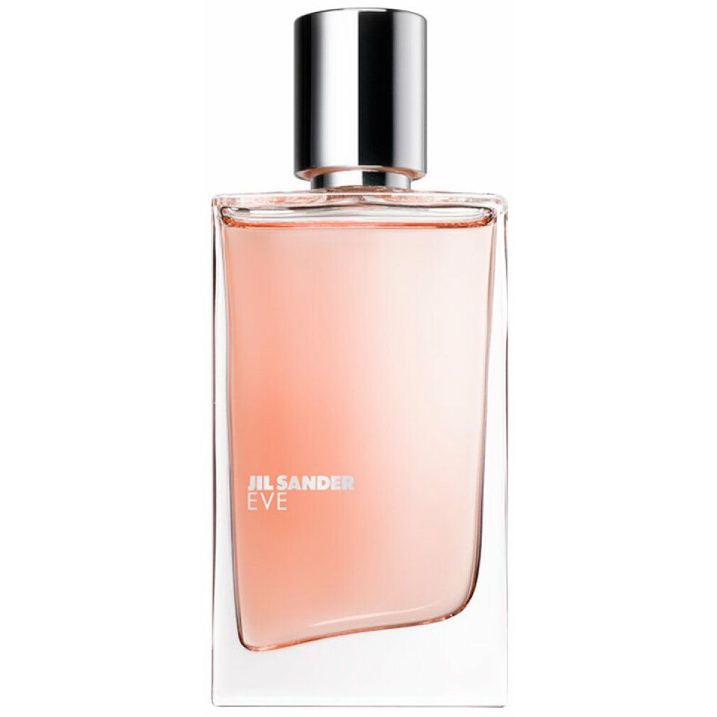 Rechteckiger Glasflakon mit silbernem Verschluss und rosafarbenem Inhalt. Aufschrift: Jil Sander Eve.