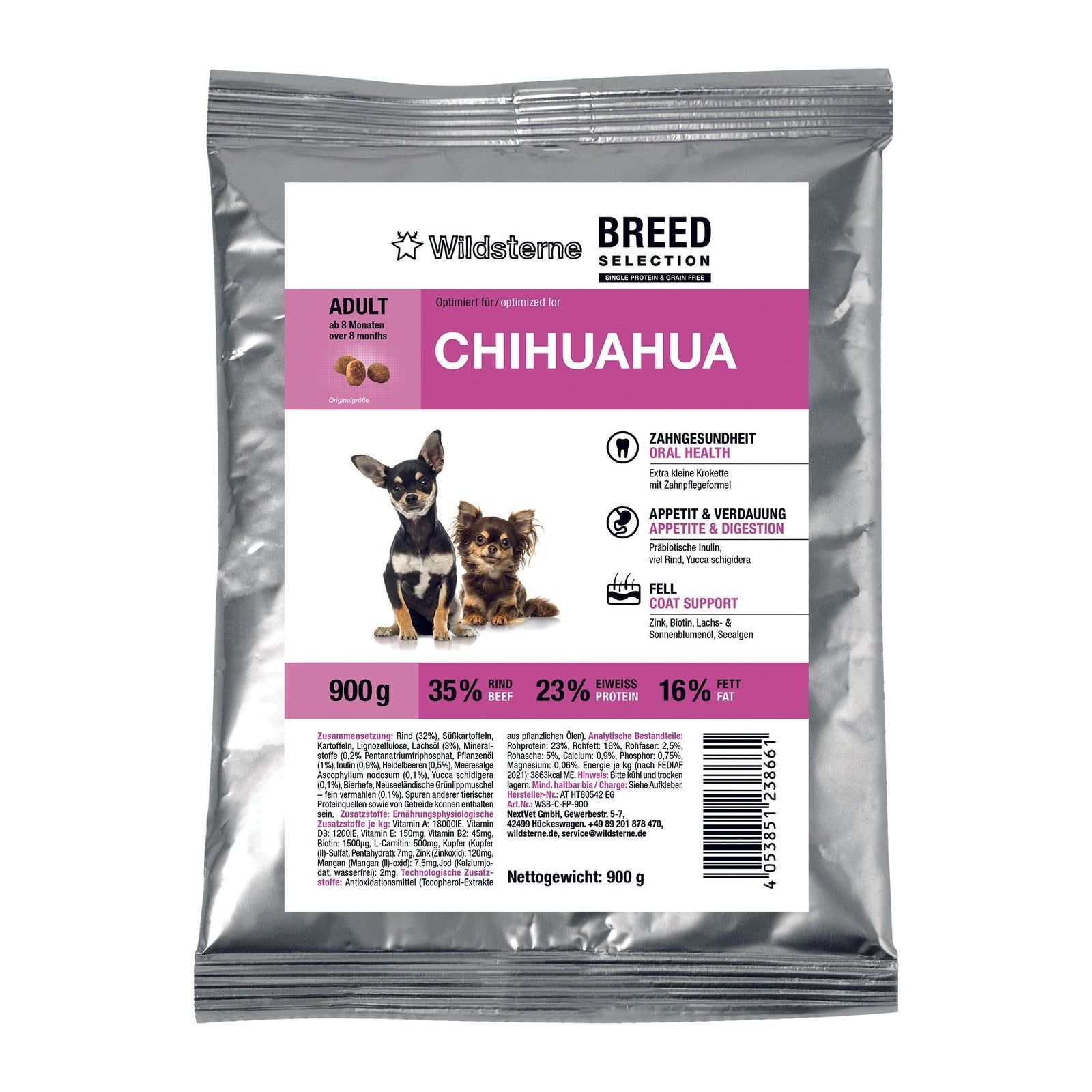 Wildsterne Breed Selection Chihuahua Trockenfutter Beutel mit zwei Chihuahuas und Produktinformationen.