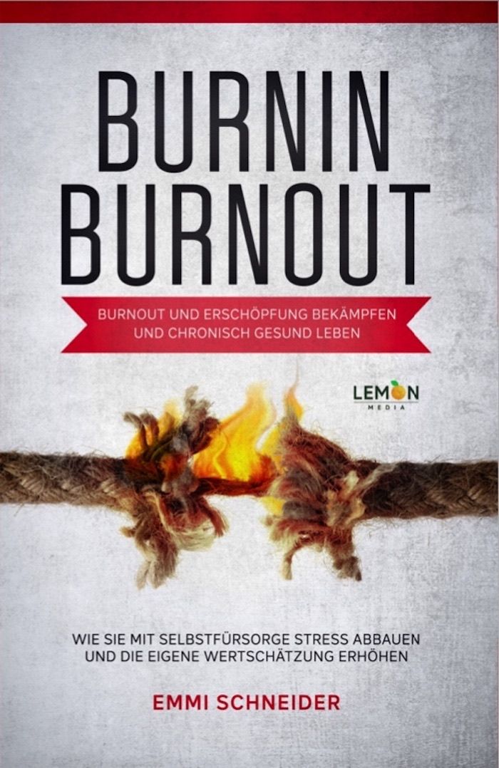 Buchcover mit Titel BURNIN BURNOUT. Roter Balken mit Text. Abgebildet ist ein durchtrenntes Seil mit Flammen. Autorin: Emmi Schneider.