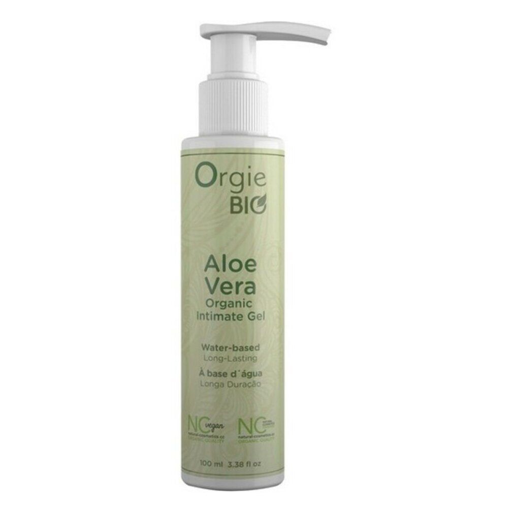 Flasche mit Pumpe. Aufschrift: Orgie BIO Aloe Vera Organic Intimate Gel. Wasserbasiert, langanhaltend.