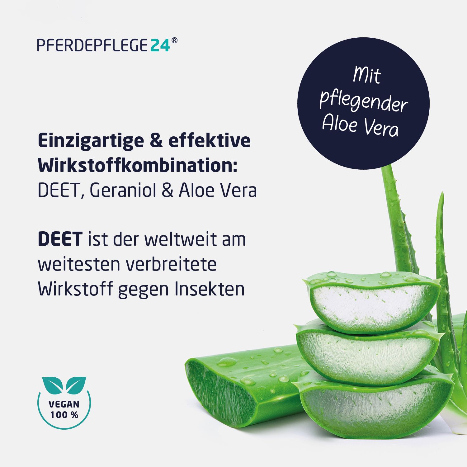 Aloe Vera-Blätter und -Scheiben. Text: Pferdepflege24. Wirkstoffkombination: DEET, Geraniol & Aloe Vera. Vegan-Siegel.