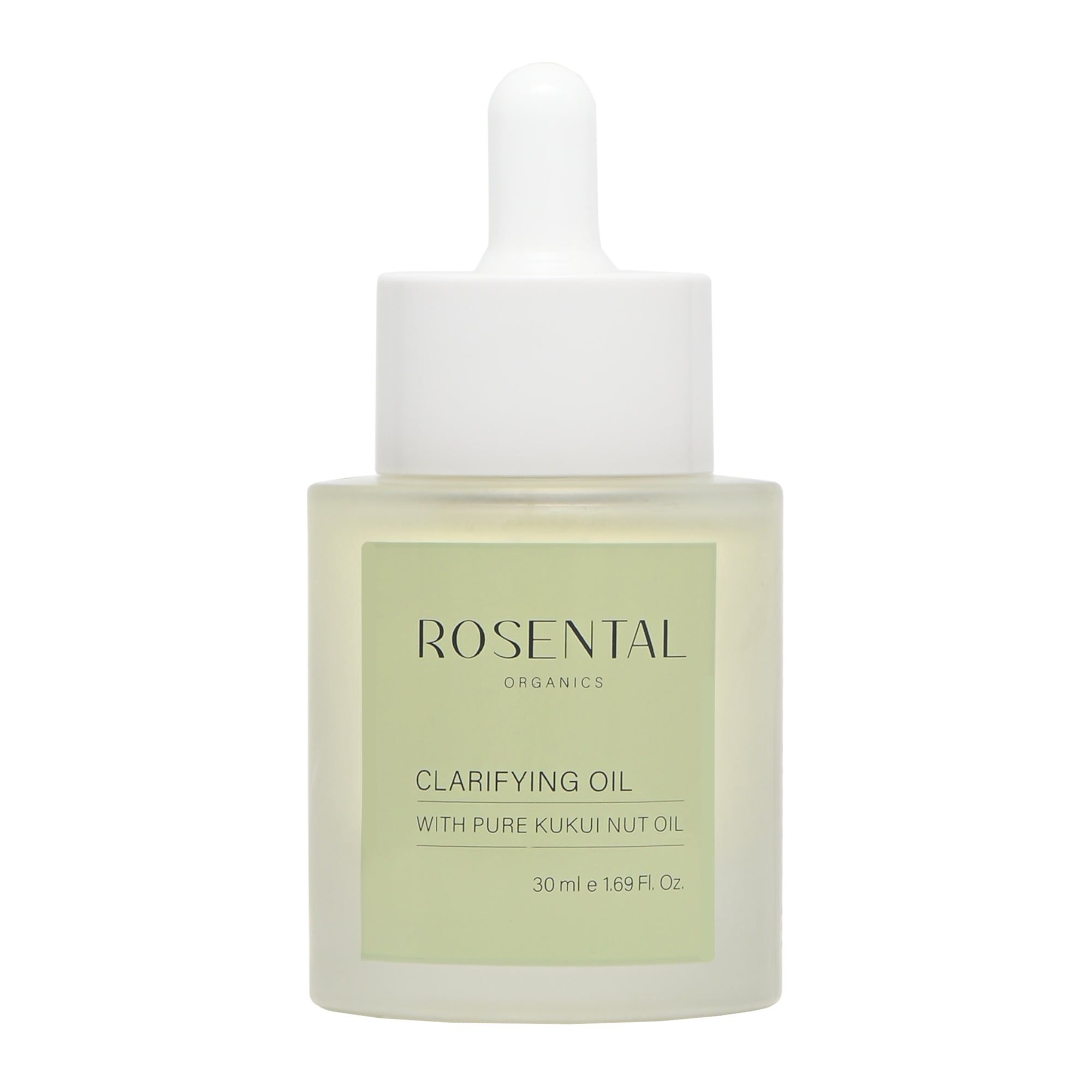 Klarifizierendes Öl in einer Glasflasche mit Pipette. Aufschrift: Rosental Organics, Clarifying Oil, mit Kukui-Nussöl.