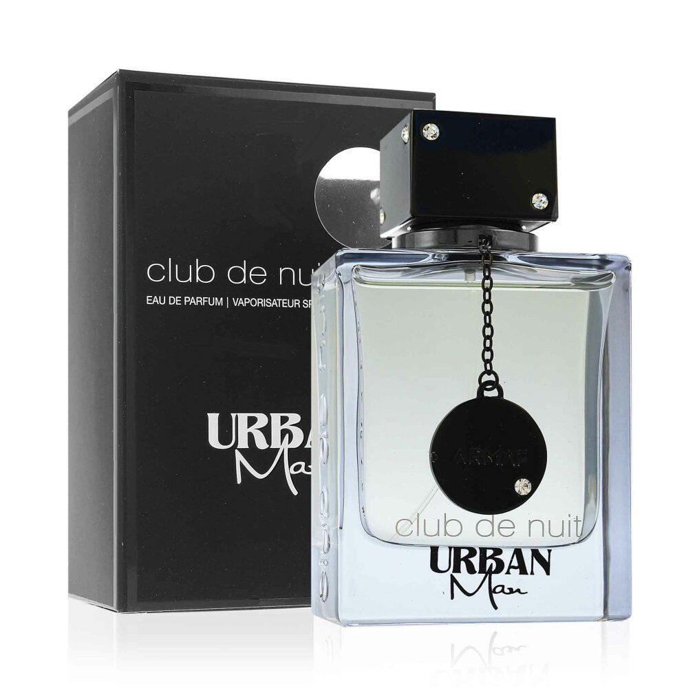 Schwarzer Karton und Flakon. Flakon mit schwarzem Verschluss und Kette. Aufschrift: Club de Nuit, Urban Man.