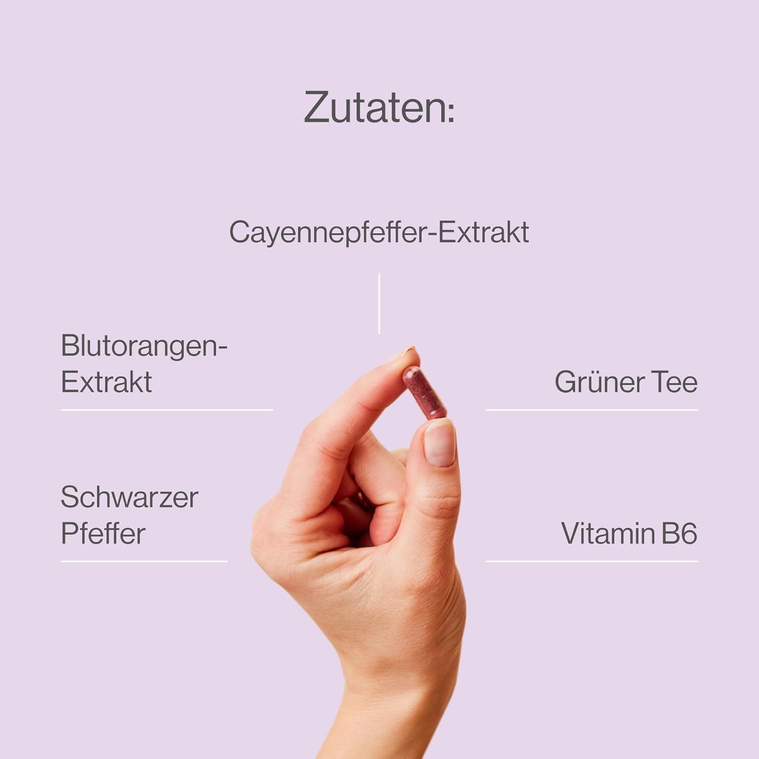 Eine Hand hält eine Kapsel. Beschriftung: Cayennepfeffer-Extrakt, Blutorangen-Extrakt, Schwarzer Pfeffer, Grüner Tee, Vitamin B6.