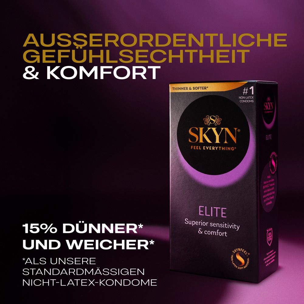 Werbung für SKYN Elite. Text: Dünner & weicher. Elite. Überlegene Empfindlichkeit & Komfort. Nr. 1 Kondome.