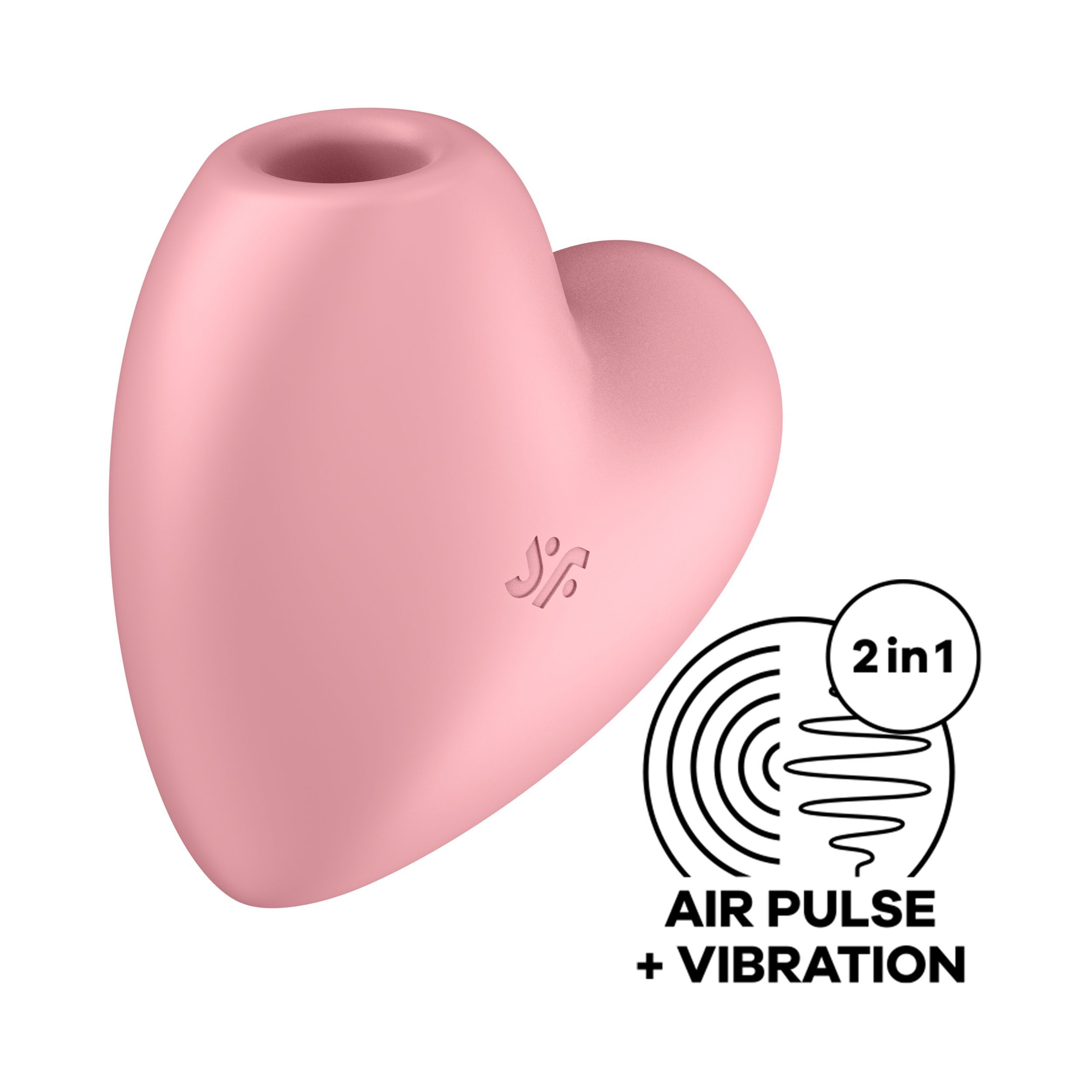 Dispositivo rosa a forma di cuore con apertura. Testo: 2 in 1, Air Pulse + Vibration.