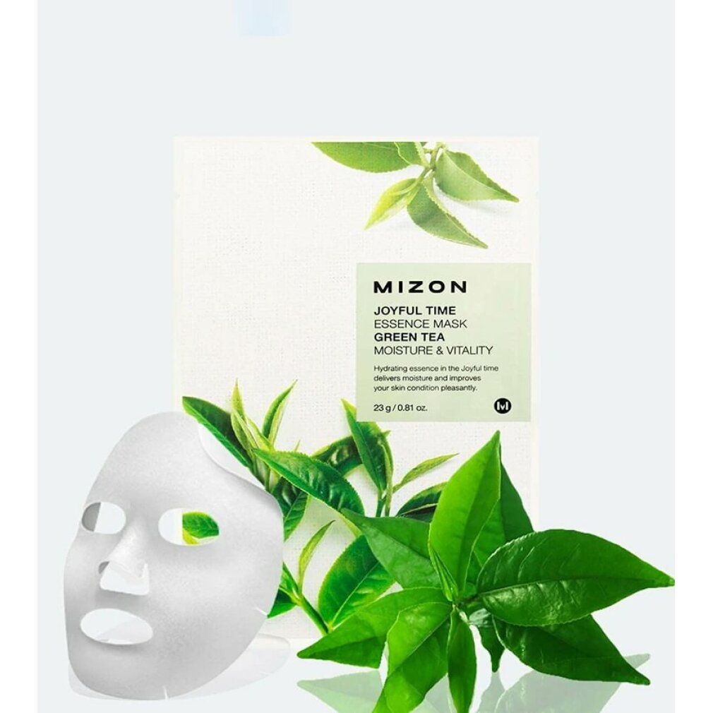 Gesichtsmaske und Verpackung mit grünen Blättern. Text: MIZON Joyful Time Essence Mask Green Tea Moisture & Vitality. Maske daneben.