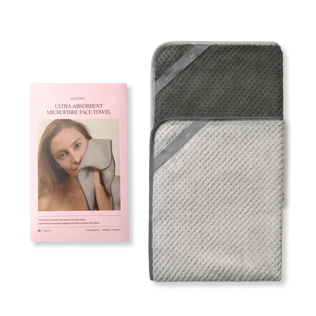 Verpackung mit Mikrofasertuch und Produktabbildung. Text: Ultra Absorbent Microfibre Face Towel.