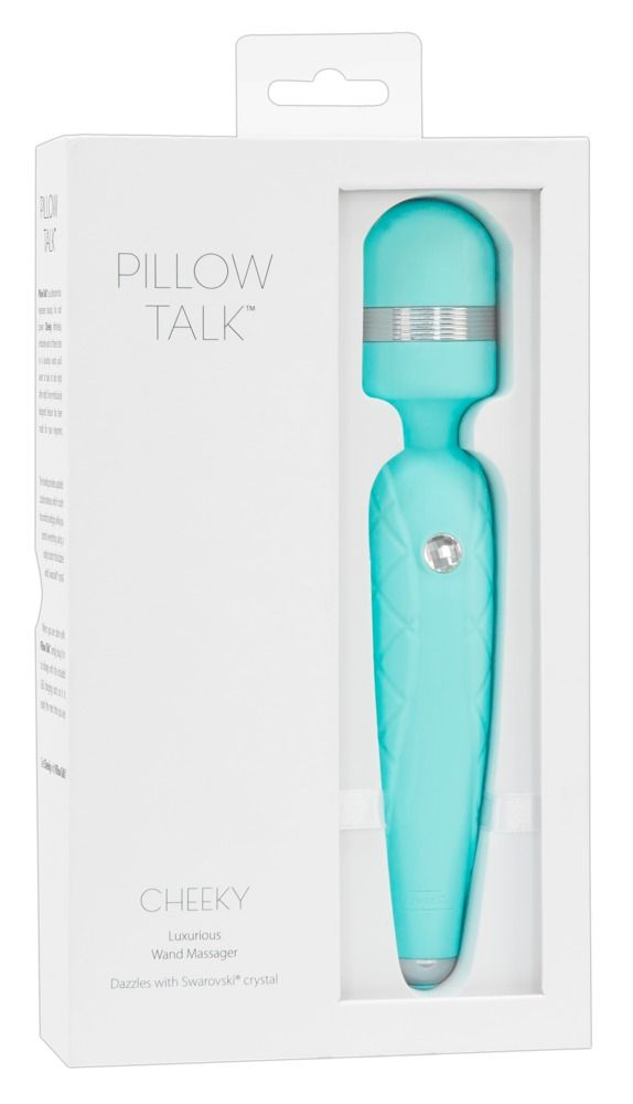 Verpackung mit türkisfarbenem Massagestab. Produktname: Pillow Talk Cheeky. Weißer Karton, Text.