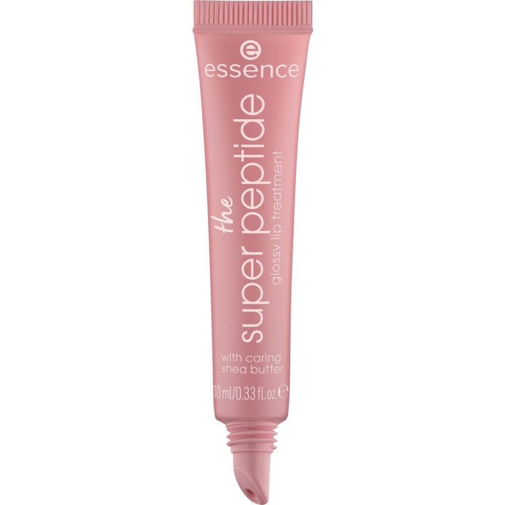 Rosa Tube mit Produkt. Aufschrift: Essence, the super peptide, glossy lip treatment. Mit Sheabutter. 10 ml.