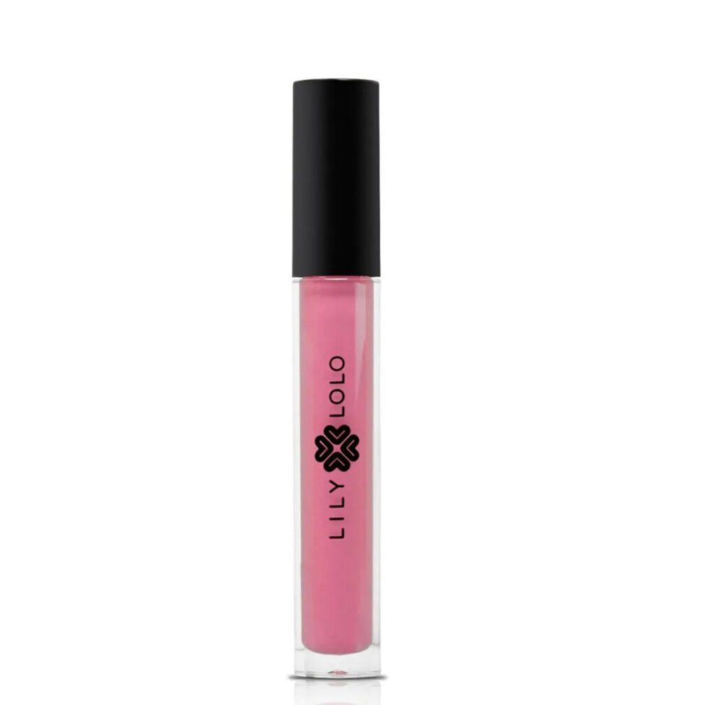 Lipgloss-Tube mit schwarzem Deckel. Aufschrift "LILY LOLO". Rosa Inhalt sichtbar.