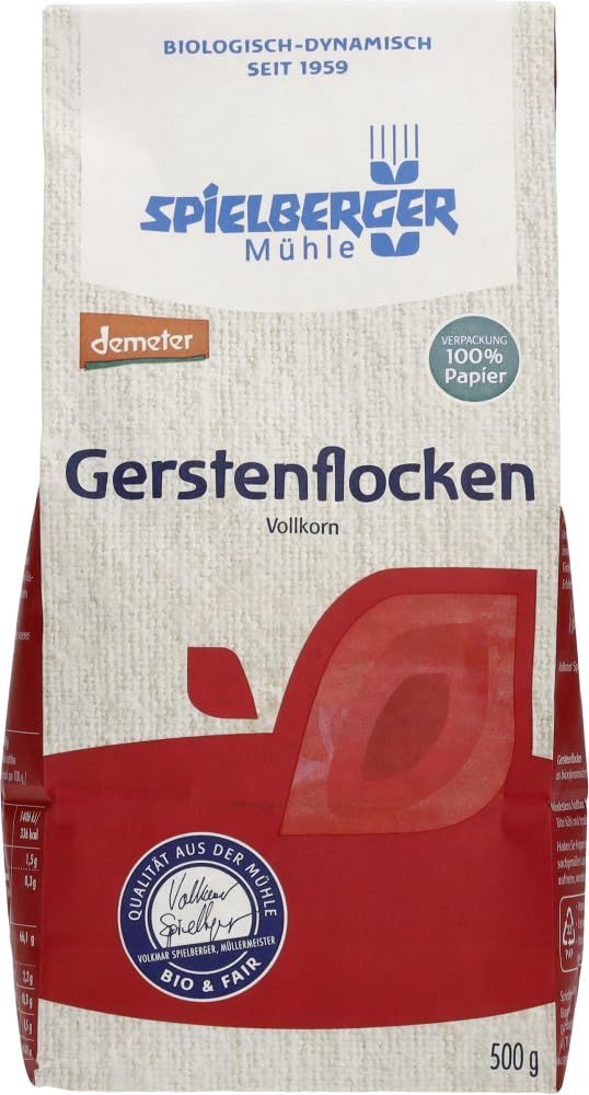 Packung Spielberger Gerstenflocken Vollkorn, 500g. Demeter und Bio & Fair Siegel.