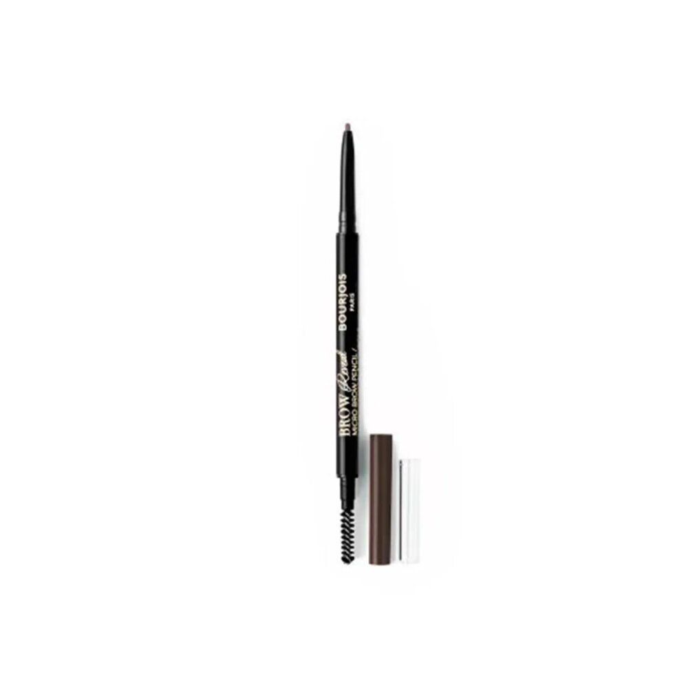 Augenbrauenstift mit Bürste und Kappe. Schwarzer Stift mit Aufschrift "Bourjois Paris Brow Reveal Micro Brow Pencil".