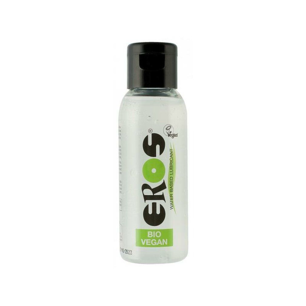 Klare Flasche mit schwarzem Deckel. Aufschrift: EROS, BIO VEGAN, Wasserbasiertes Gleitmittel. Vegan-Siegel.